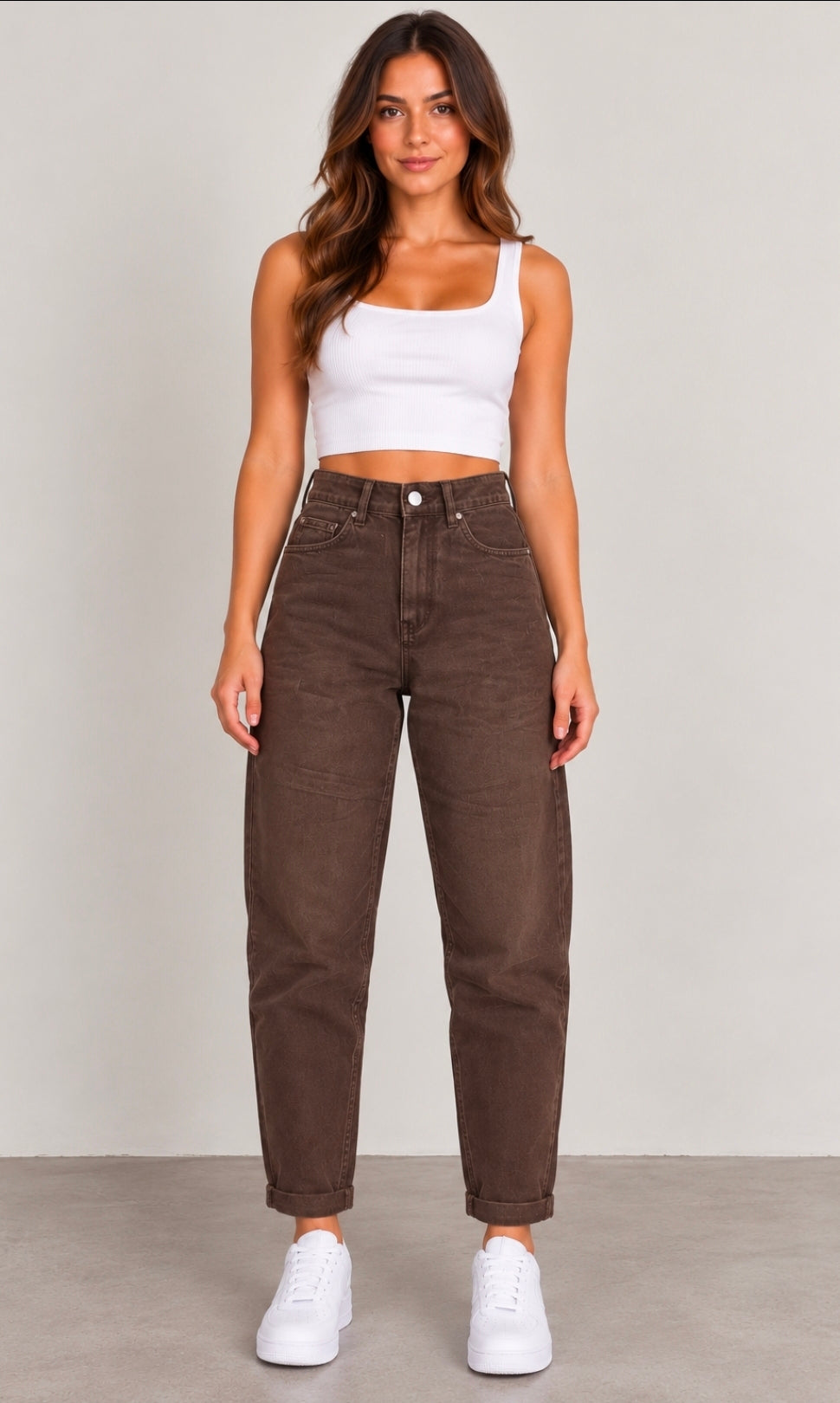 M.SARA Damen High Waist Mom Fit Jeans – Schokobraun 🤎