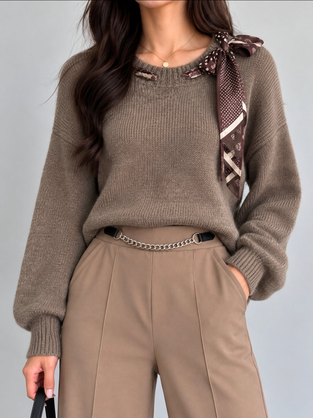 Eleganter Damen Strickpullover mit Tuch-Schleife – One Size 🤍