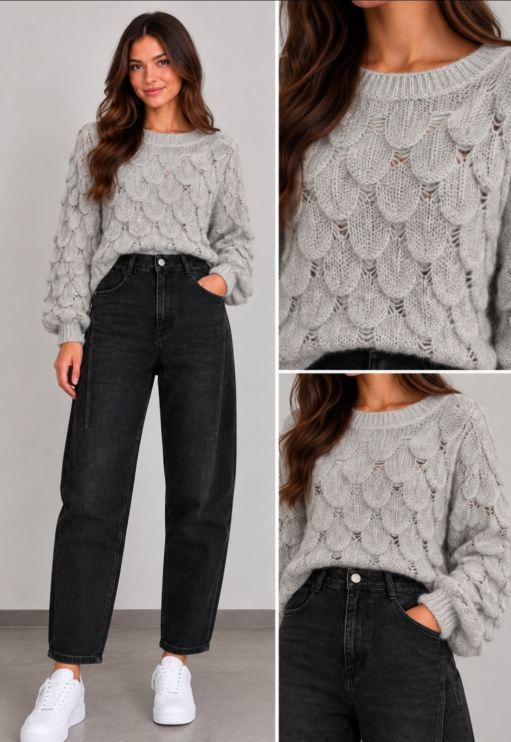 Damen Strickpullover mit Ajourmuster – Hellgrau | One Size 🤍