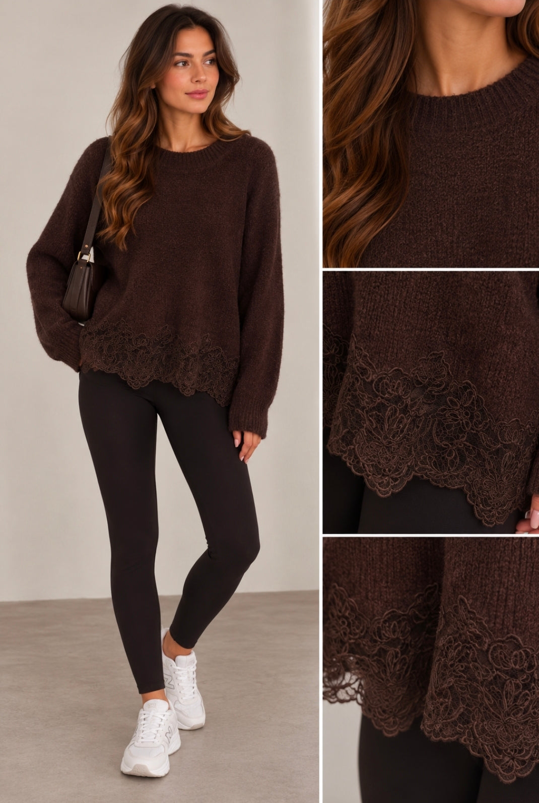 Eleganter Damen Strickpullover mit Spitze – Dunkelbraun | One Size 🤎