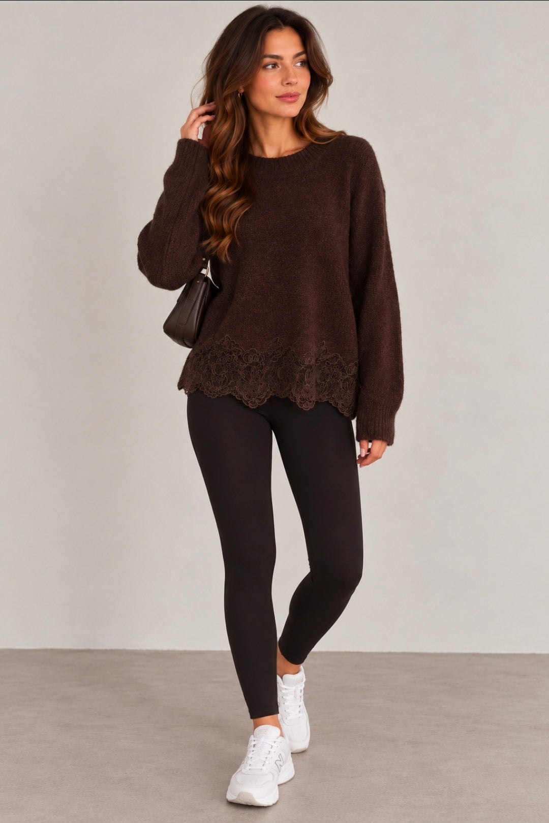 Eleganter Damen Strickpullover mit Spitze – Dunkelbraun | One Size 🤎