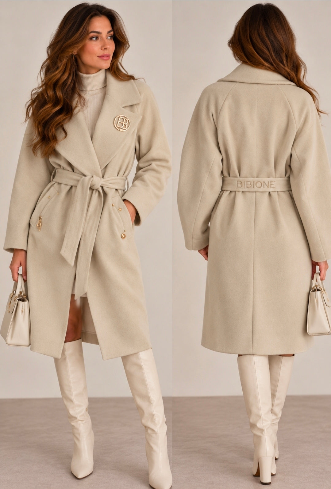 BIBIONE Eleganter Damenmantel mit Gürtel – Beige | One Size 🤍