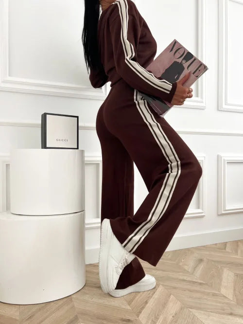 Damen Strick-Set 2-teilig – 100% Viskose | Mit Kontraststreifen