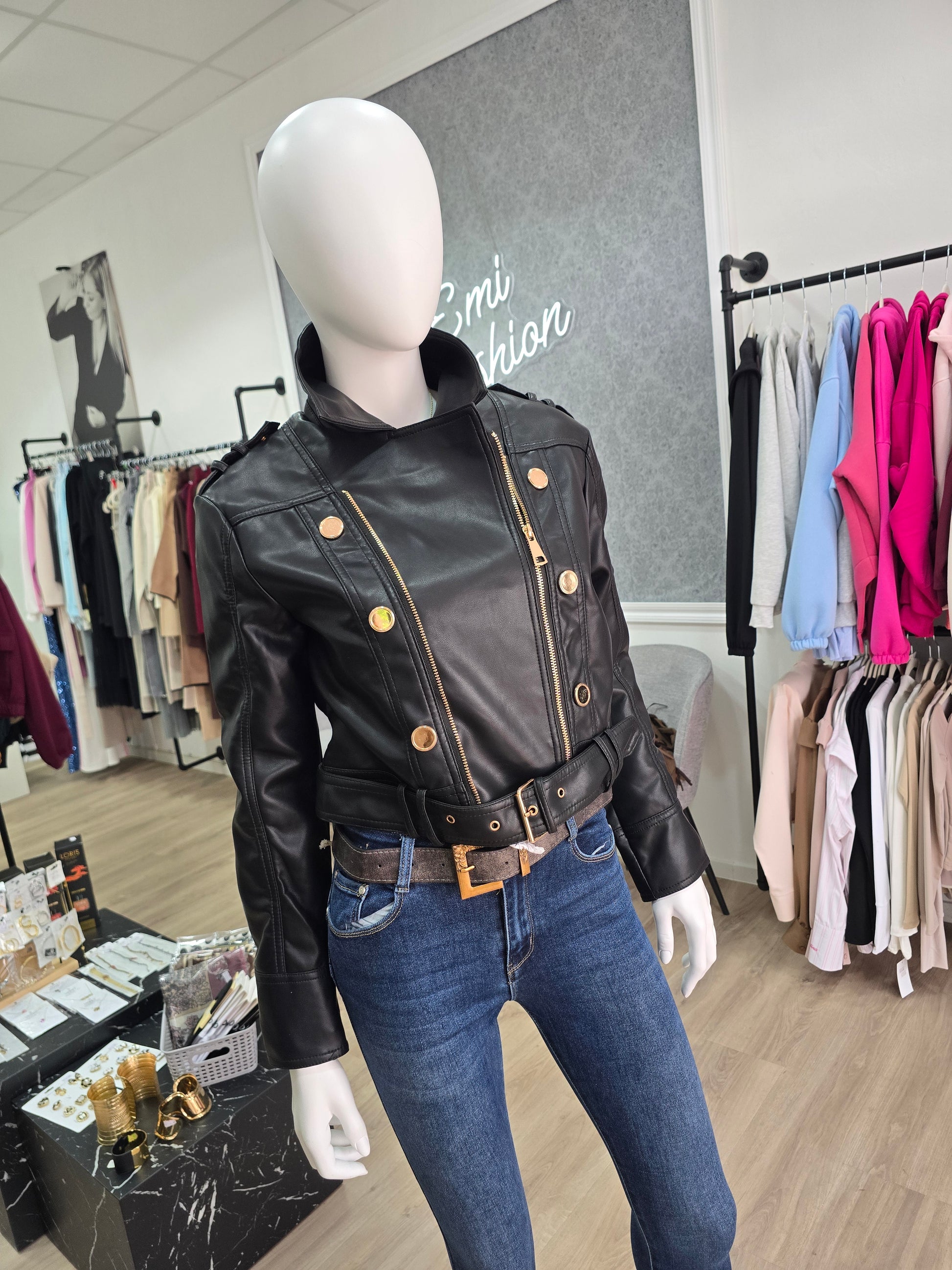 Oversize Lederjacke im Military Style