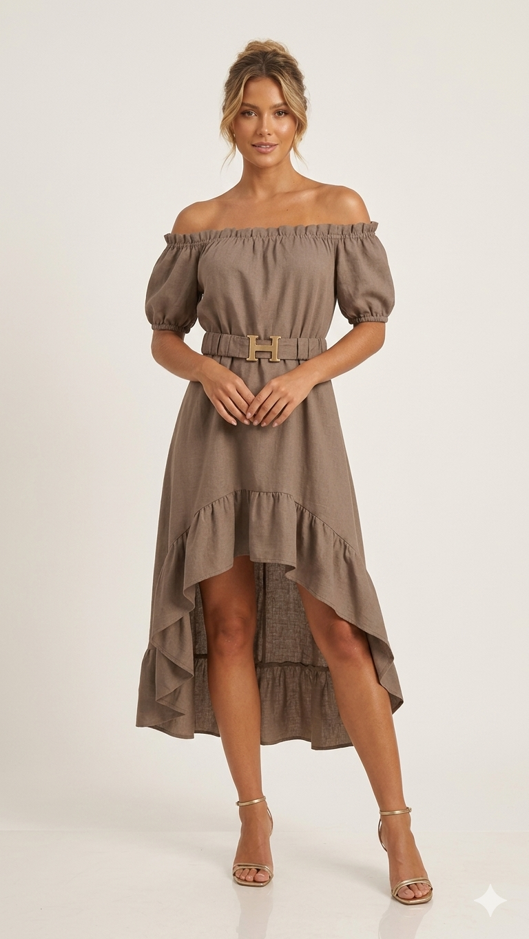 Off-Shoulder Kleid mit asymmetrischem Schnitt und Gürtel – feminin & elegant