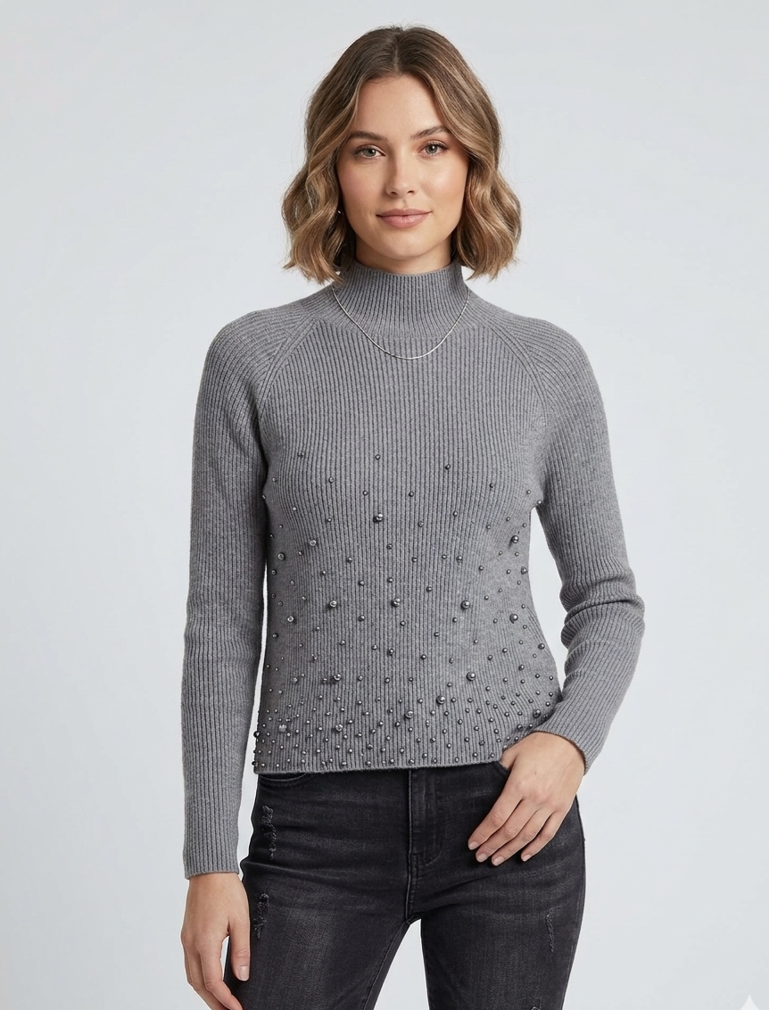 Gerippter Stehkragen-Pullover mit Perlen-Applikation