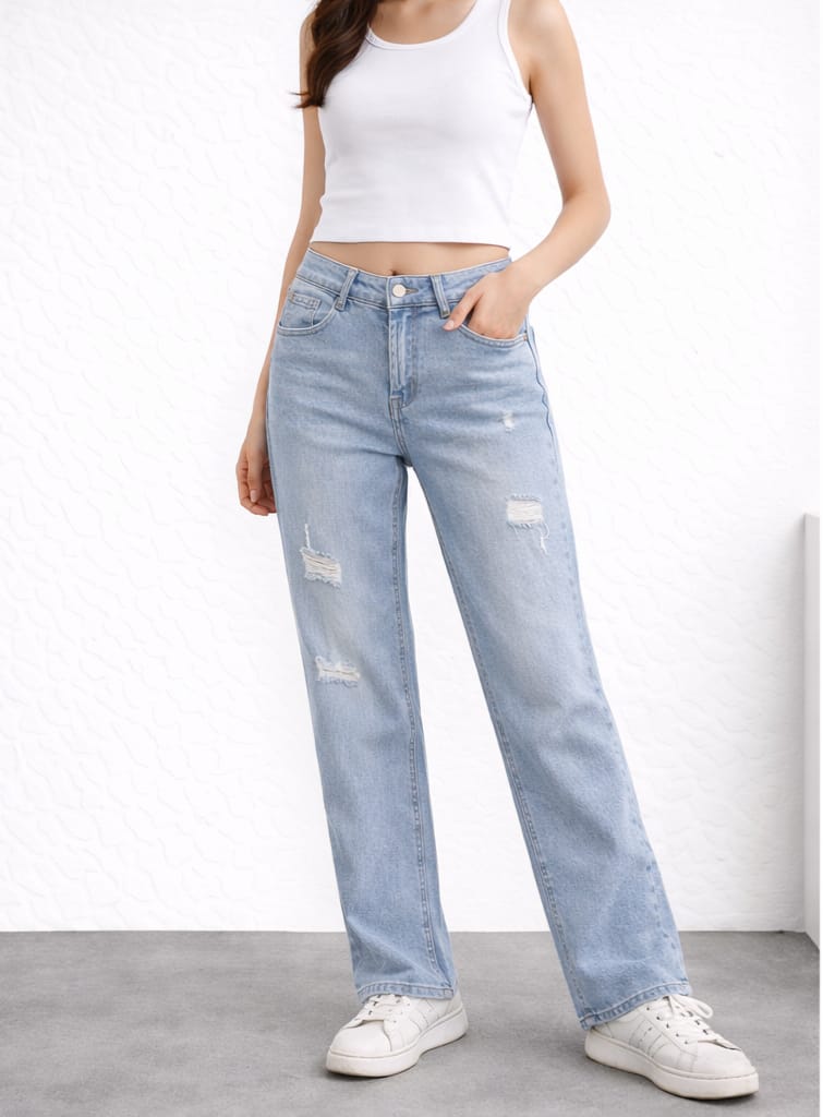 High Waist Straight Leg Jeans mit Destroyed-Effekten – Hellblau