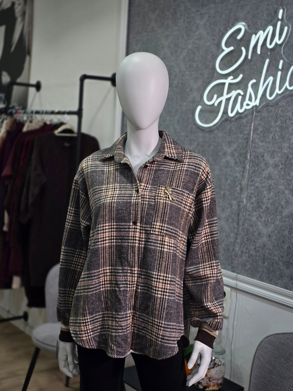 Karierte Hemdbluse mit Libellen-Brosche – Braun-Beige