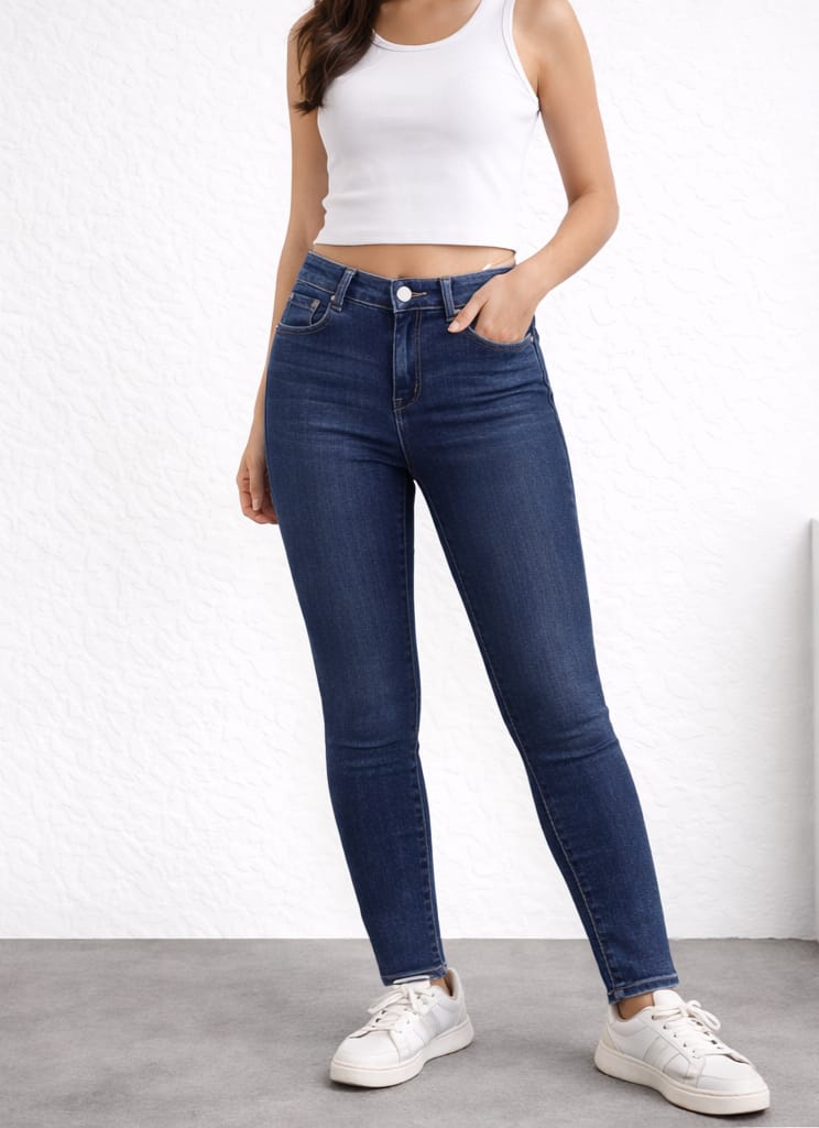 M.Sara High Waist Wide Leg Jeans „Utility Cargo“ – Medium Blue