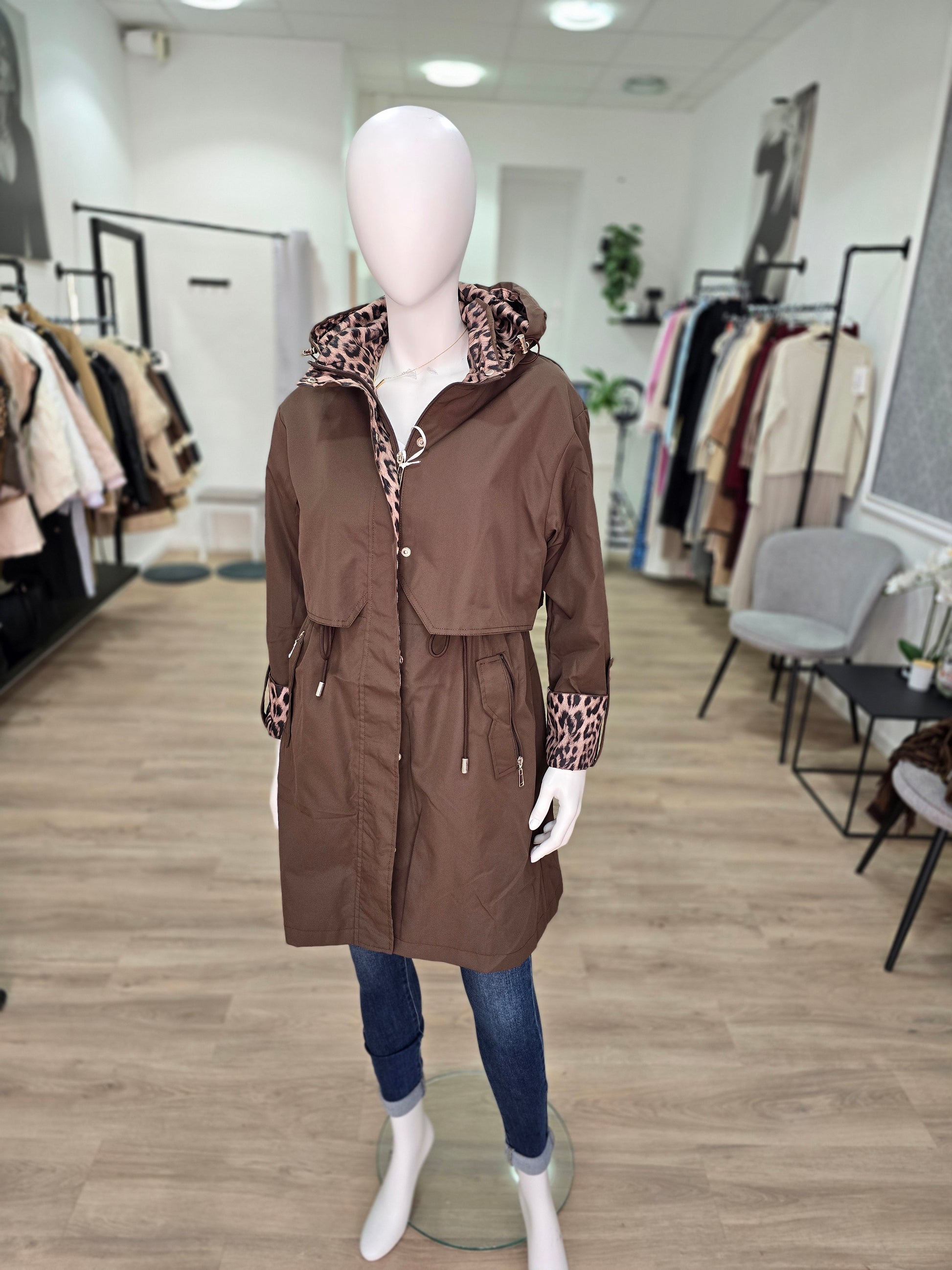 Damen Übergangsjacke mit Kapuze & Leoparden-Details