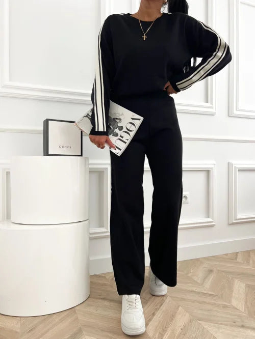 Damen Strick-Set 2-teilig – 100% Viskose | Mit Kontraststreifen