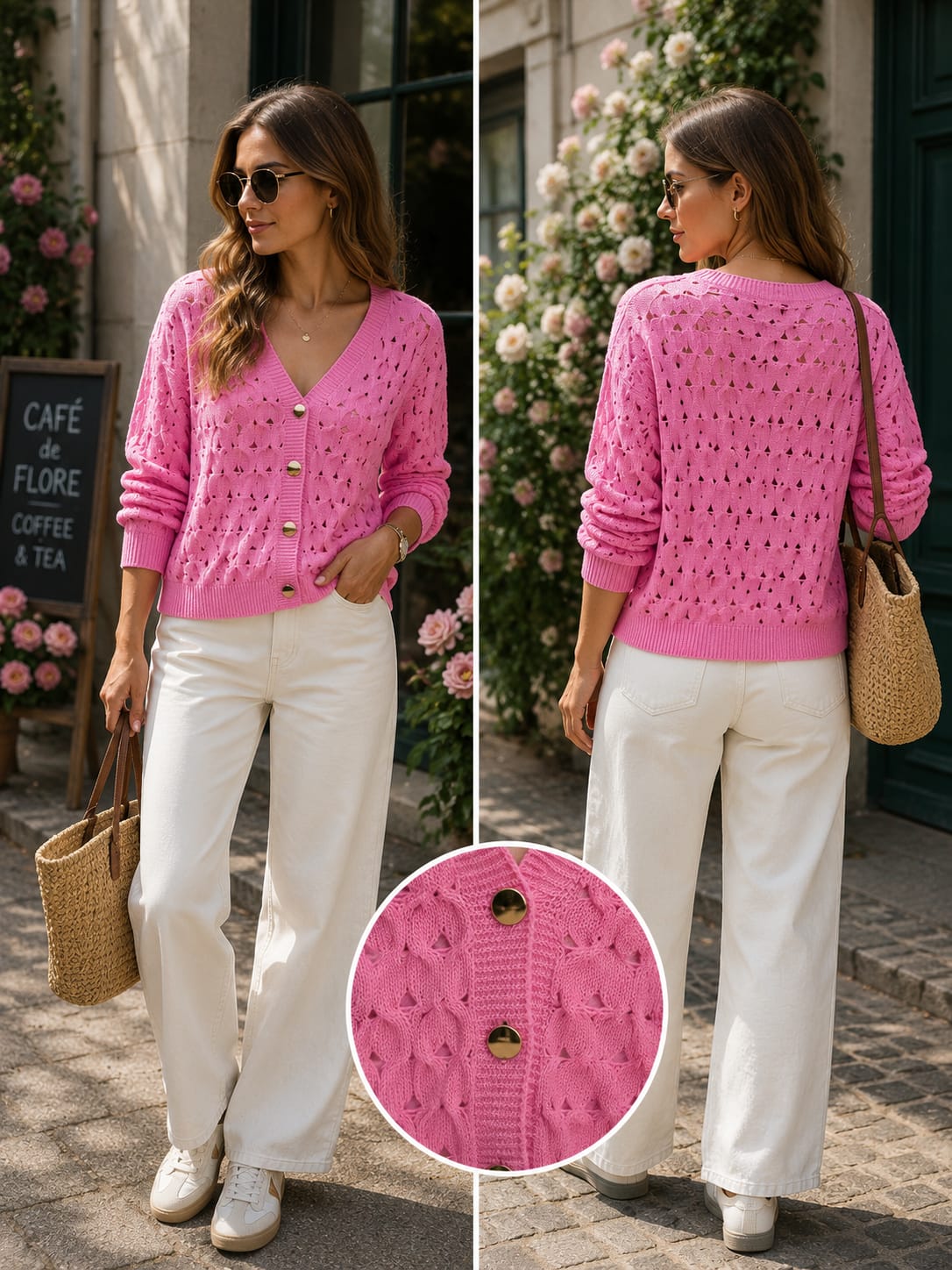 Leichter Ajour-Cardigan mit Goldknopf-Details