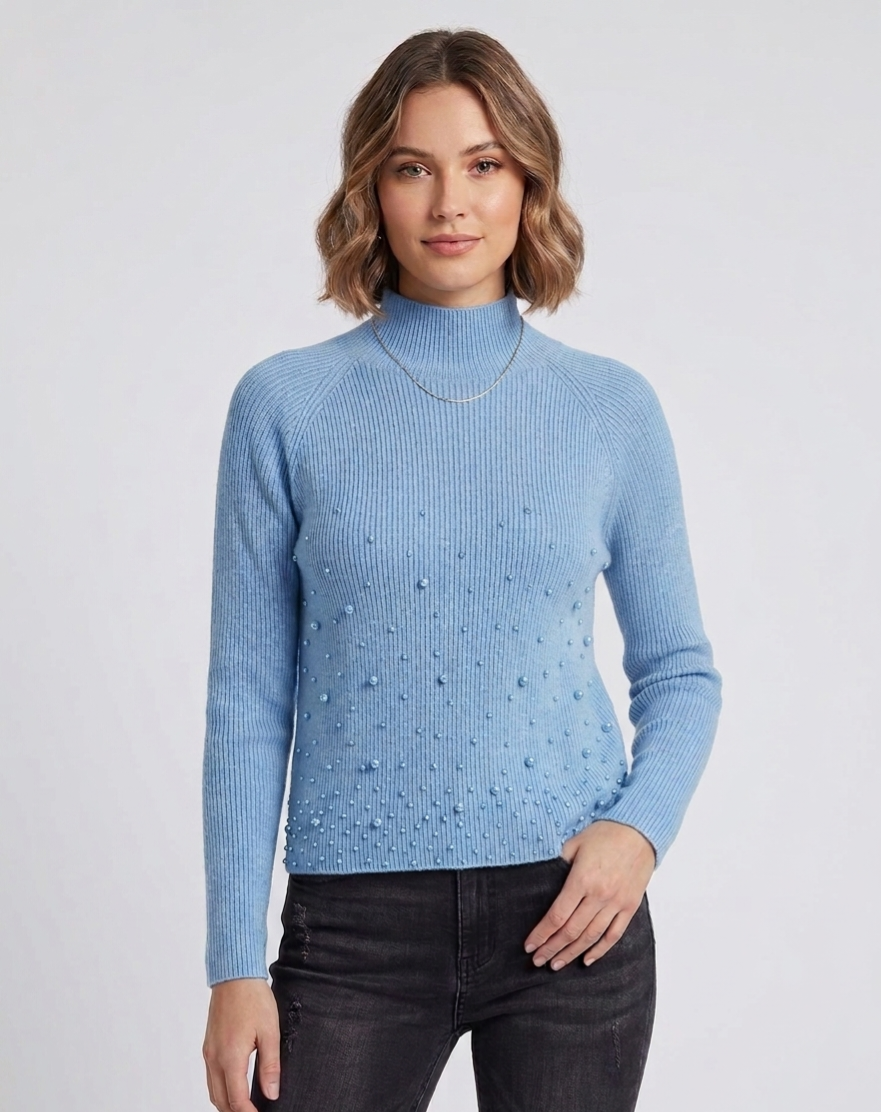 Gerippter Stehkragen-Pullover mit Perlen-Applikation