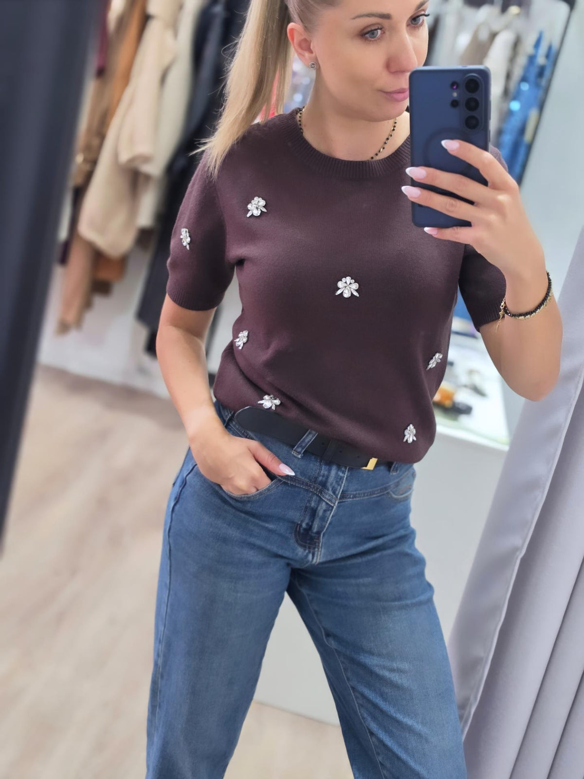 M.SARA Strickshirt mit Schmucksteinen