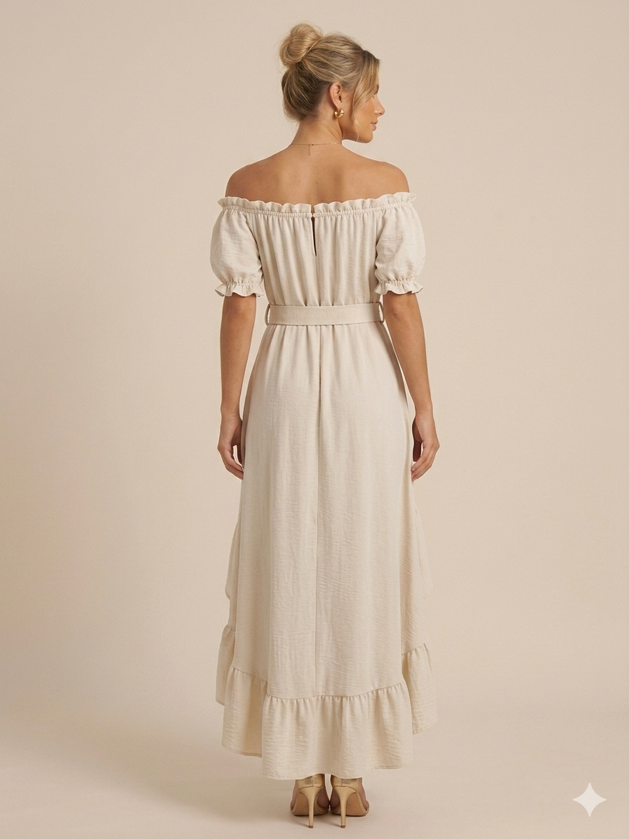 Off-Shoulder Kleid mit asymmetrischem Schnitt und Gürtel – feminin & elegant