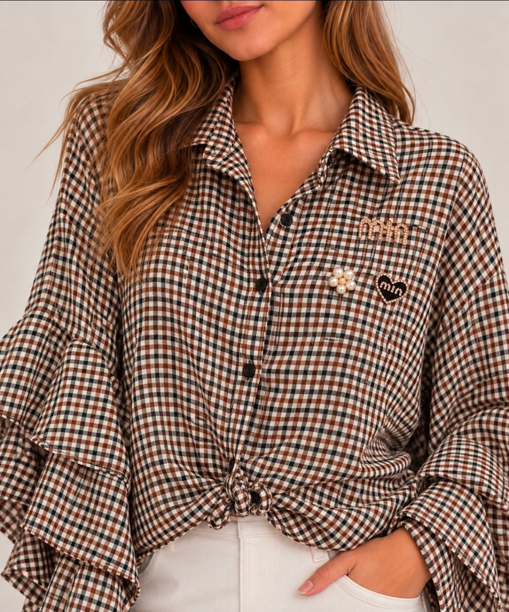 Damen Karobluse mit Volantärmeln – Made in Italy