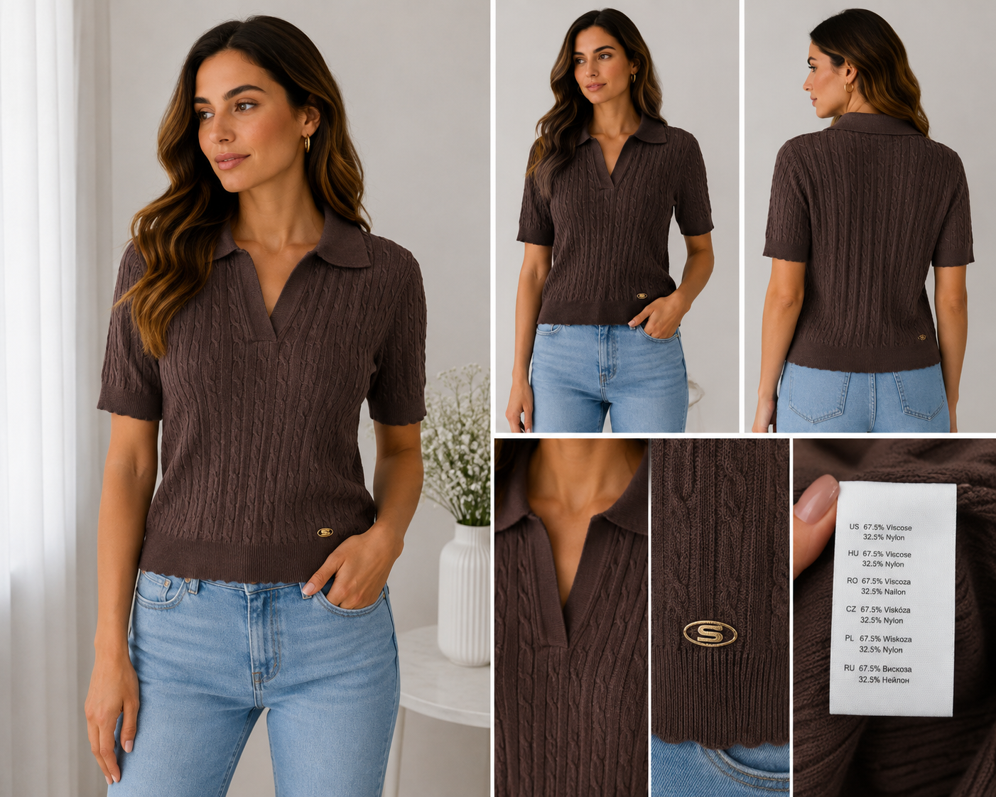Feinstrick-Pullover mit Polokragen & Zopfmuster – Einheitsgröße