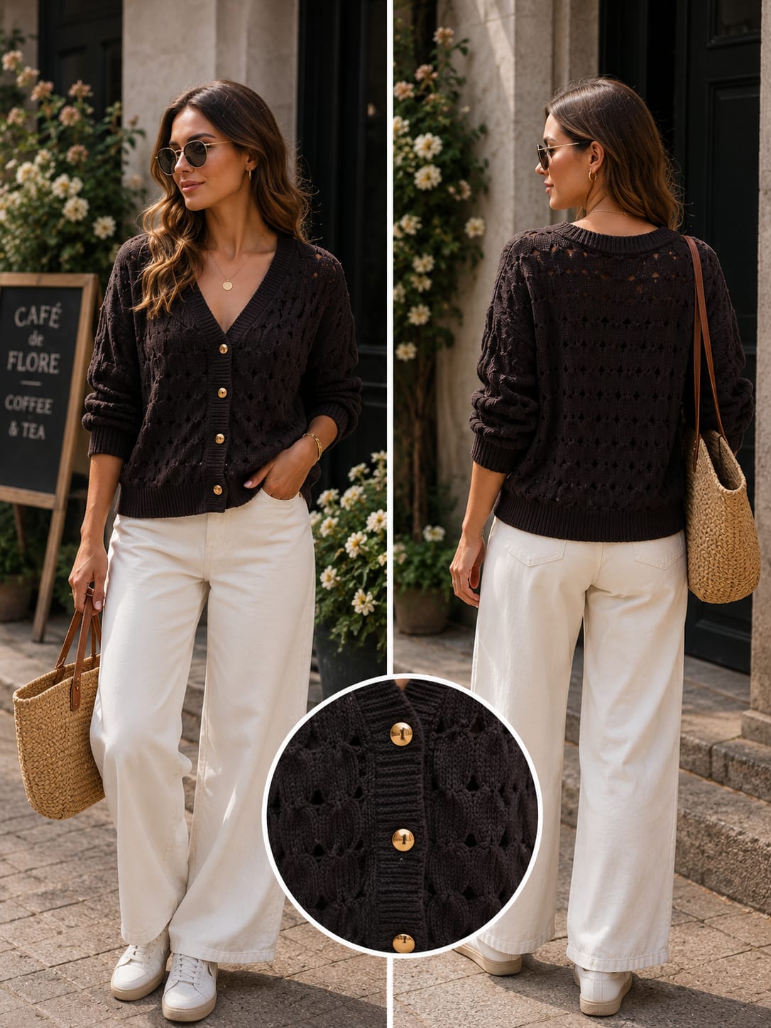 Leichter Ajour-Cardigan mit Goldknopf-Details