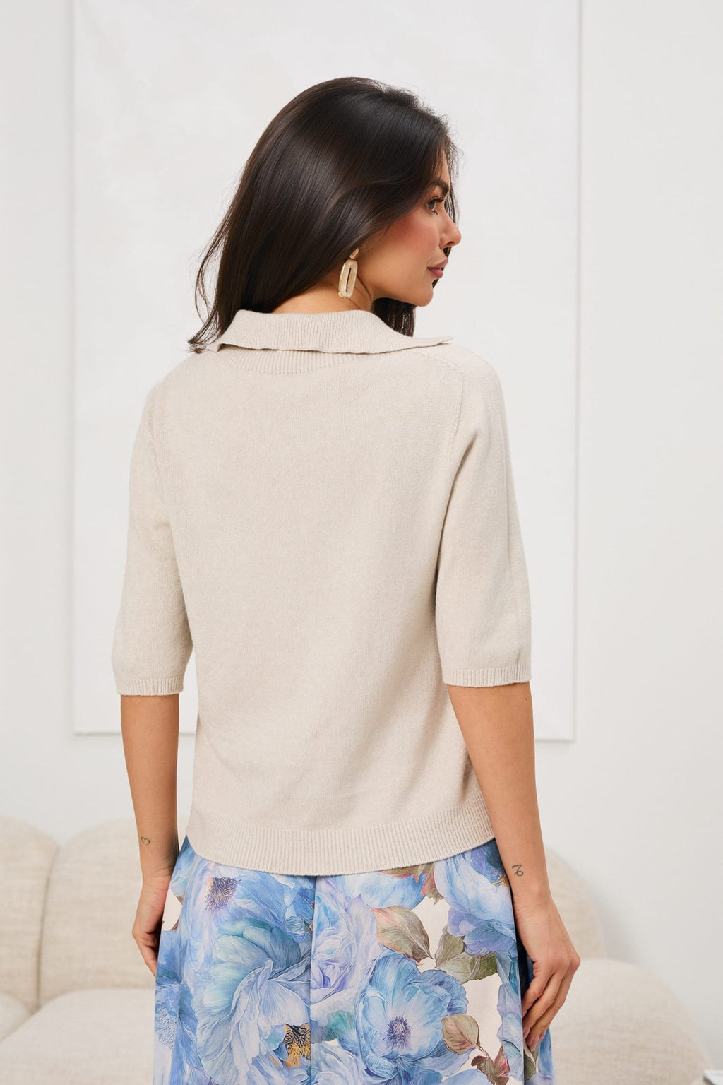 Kurzarm-Polo-Strickpullover „Milano“ in Hellbeige