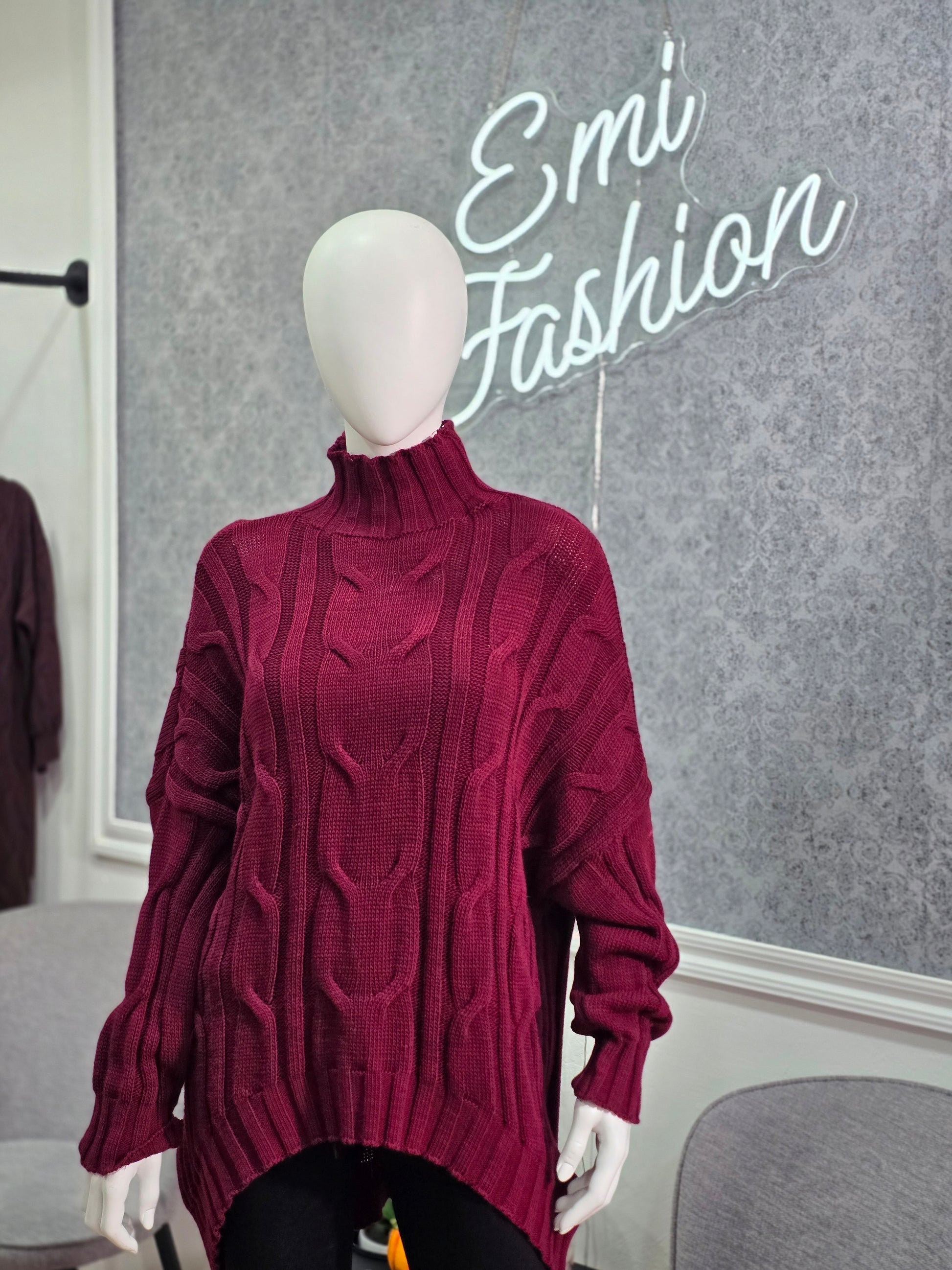 Oversize Rollkragenpullover mit Zopfmuster – Beige,Bordo