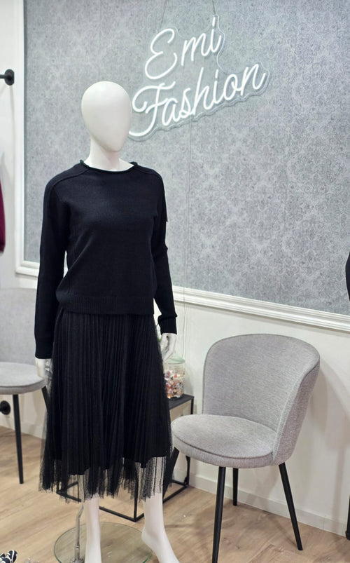 2er-Set: Cropped Pullover & Tüll-Plissee-Rock