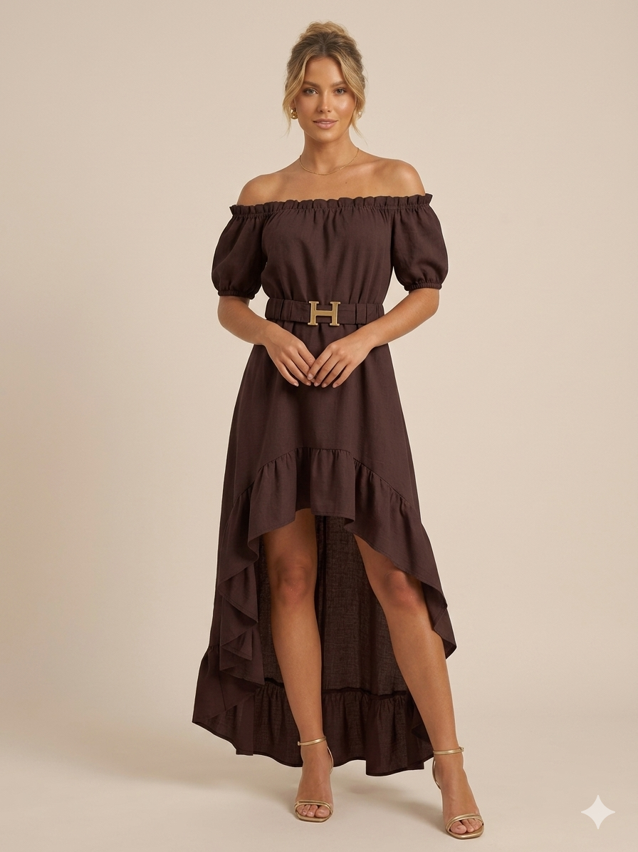 Off-Shoulder Kleid mit asymmetrischem Schnitt und Gürtel – feminin & elegant