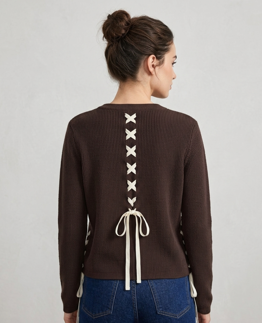 Kurze Strickjacke mit Schnür-Details in Braun