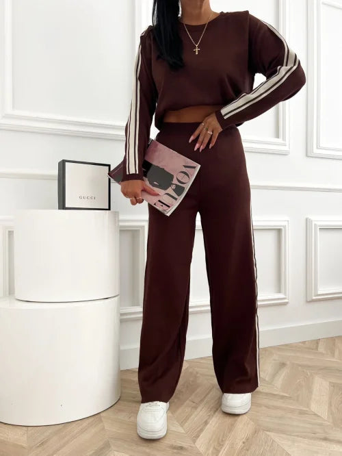 Damen Strick-Set 2-teilig – 100% Viskose | Mit Kontraststreifen