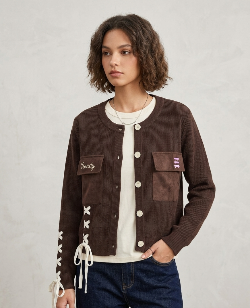 Kurze Strickjacke mit Schnür-Details in Braun