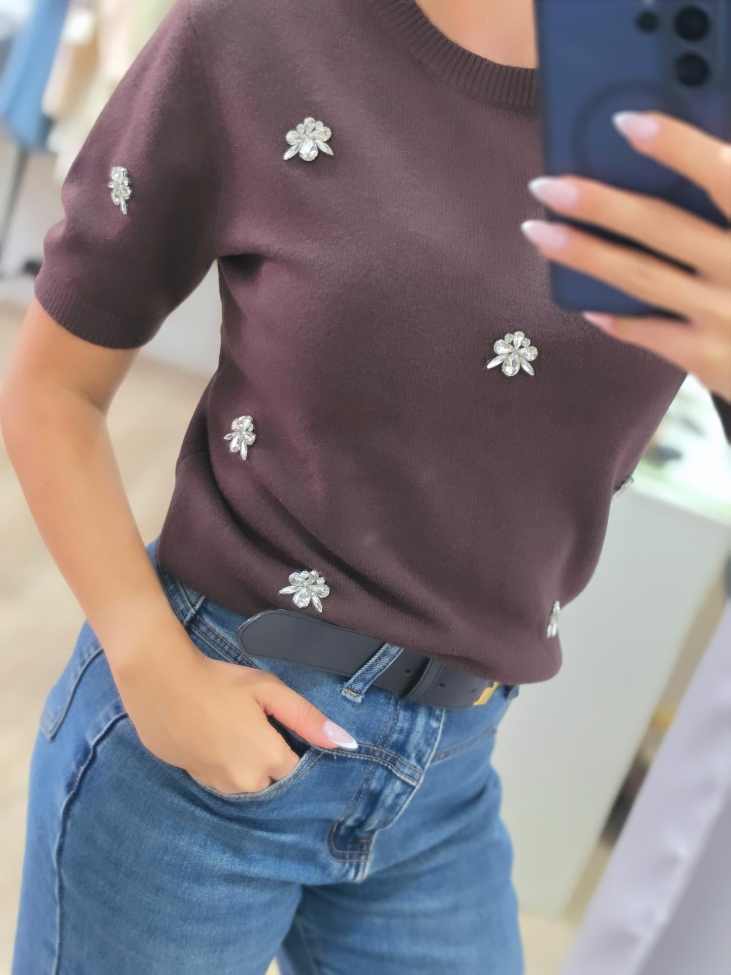 M.SARA Strickshirt mit Schmucksteinen