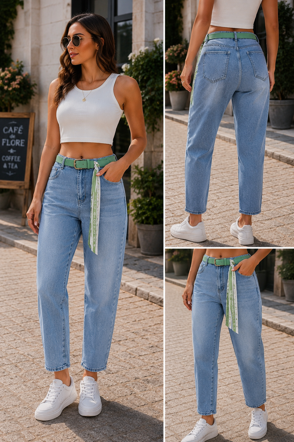 M'SARA Balloon Jeans mit Gürtel – Light Blue Denim