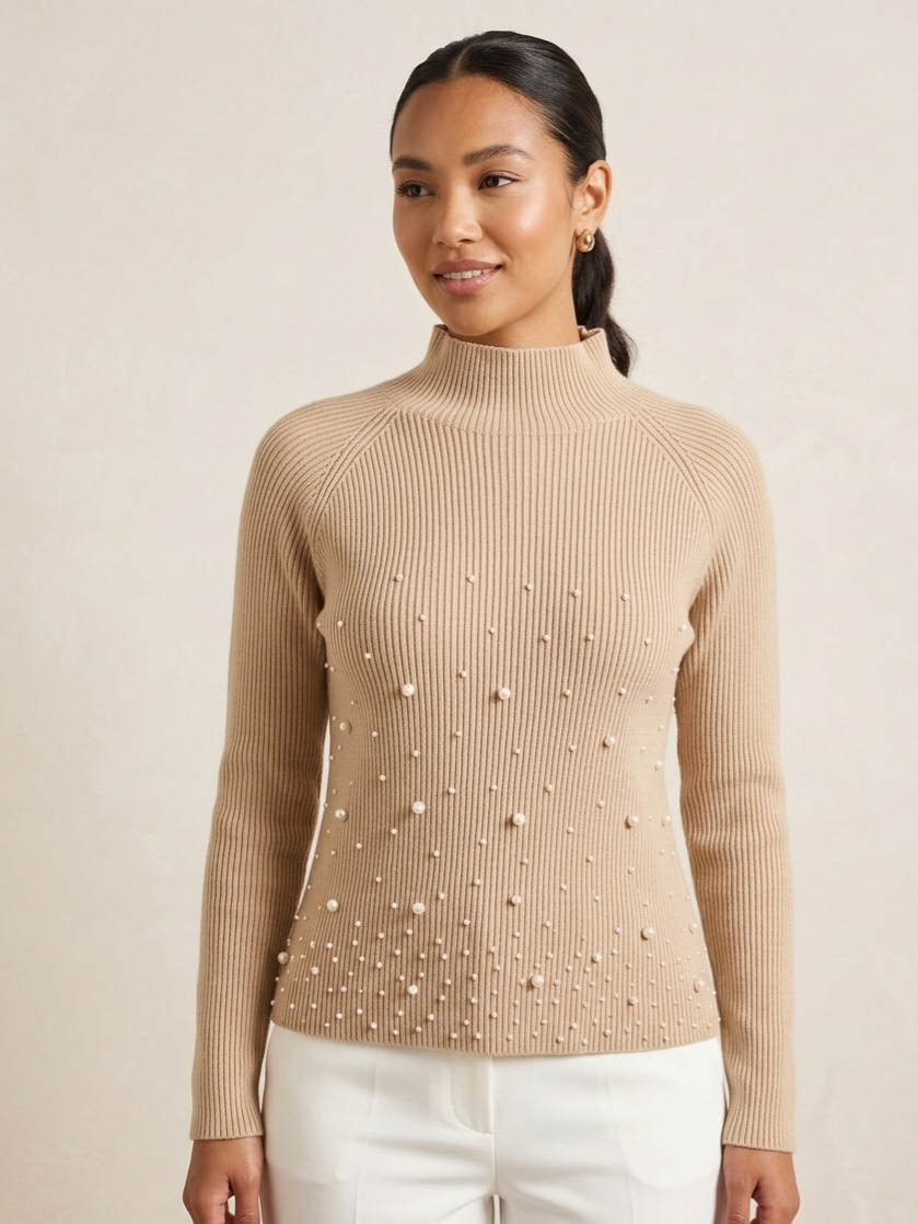 Gerippter Stehkragen-Pullover mit Perlen-Applikation